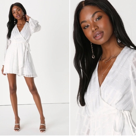 LULU's Bachelorette Engagement Bridal Sexy Long Sleeve Wrap Mini Dress - Picture 1 of 5